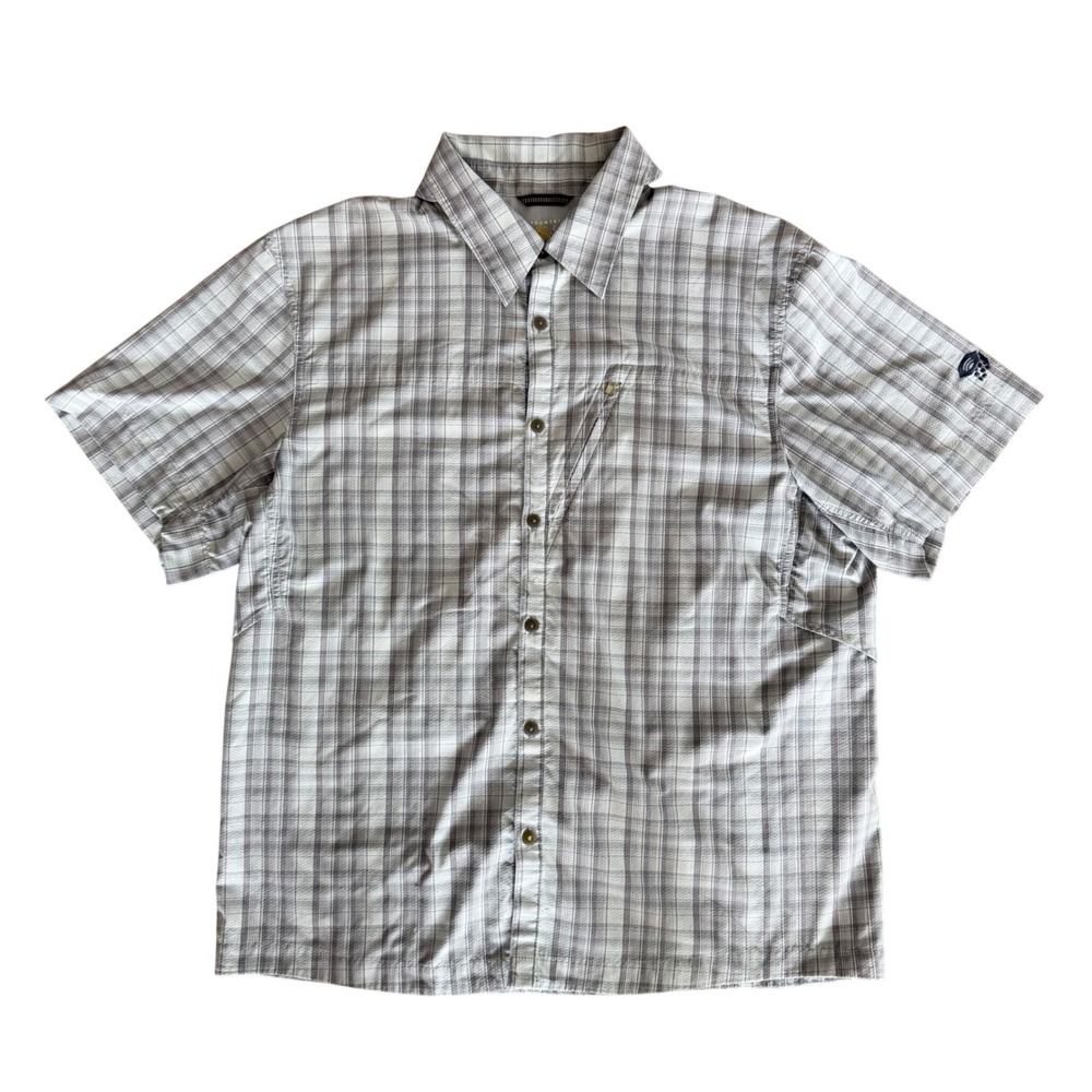 Mountain Hardwear Mens Large Grey Plaid Short Sleeve Shirt Vent Hiking Outdoor